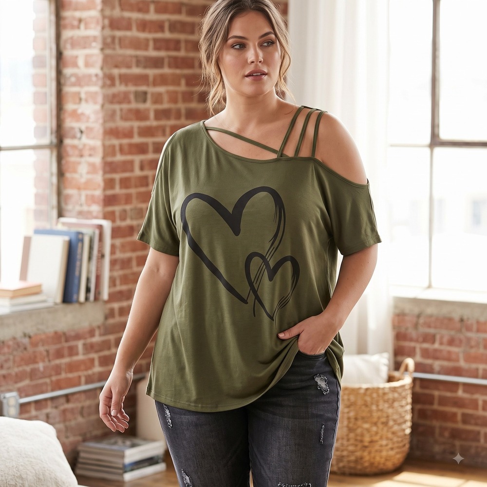 Olive‎ Green Cold Shoulder Strappy Top Short Sleeve Black Heart Graphic XXL